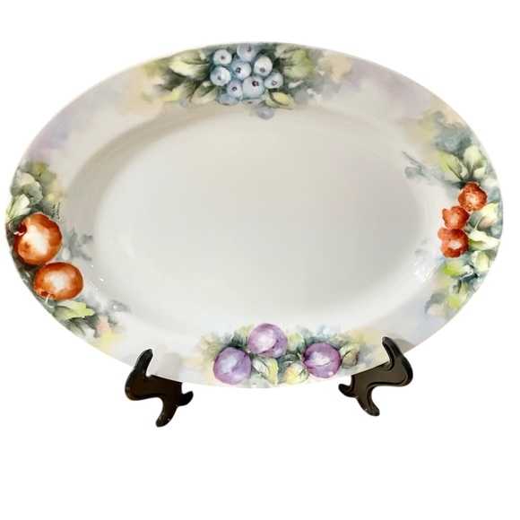 Porcelain Oval Serving Platter Fruit Design Artist Signed HandPainted 14” - Picture 2 of 7